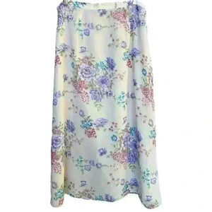Vintage Flowy Floral Lined A-line Midi Skirt Cream Pink Purple Blue Size 12
